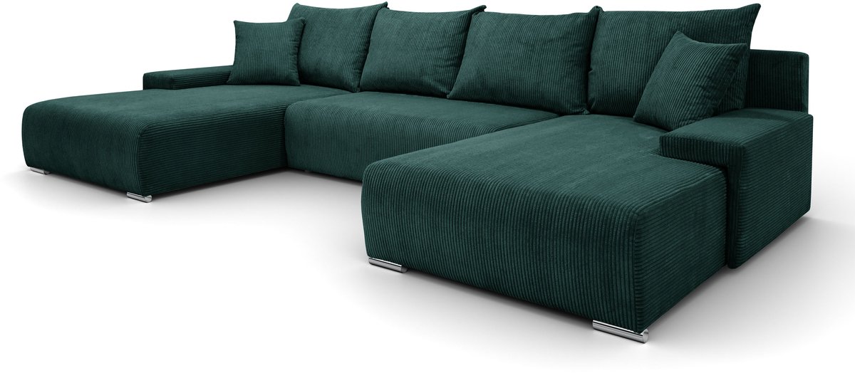 Hoekbank Lauren U-vorm, 348x188 cm met Slaapfunctie en Opbergbak, 5-zits, Opbergruimte voor Beddengoed, Grote bank, Hoekbank, Corduroy, Groen