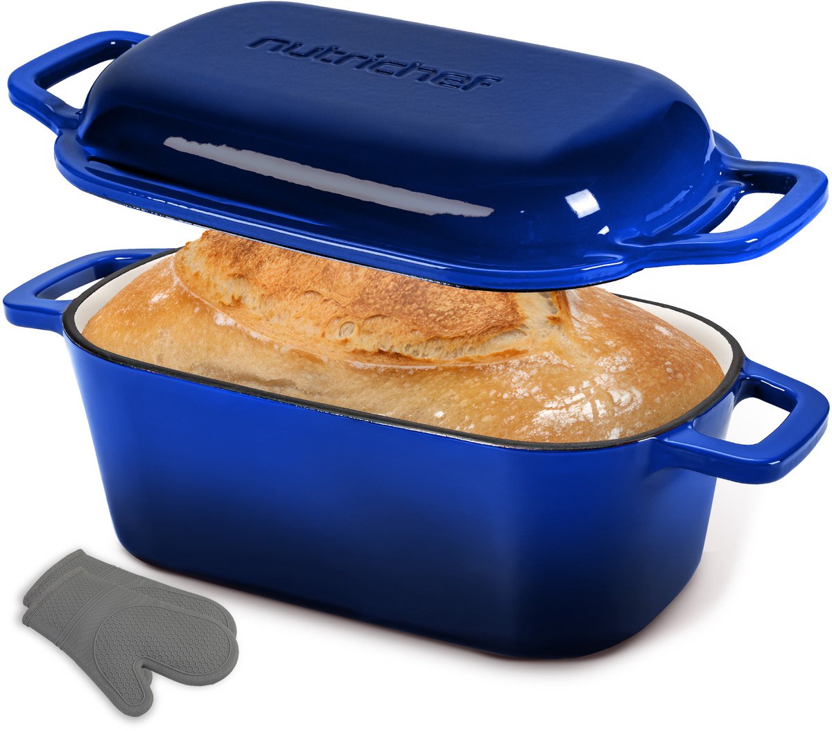 NutriChef Dutch Oven - 3.5L Gietijzeren Broodbakvorm - Geëmailleerd - Ovalen Dutch Oven - Inclusief Siliconen Handschoenen - Vaatwasserbestendig - Blauw
