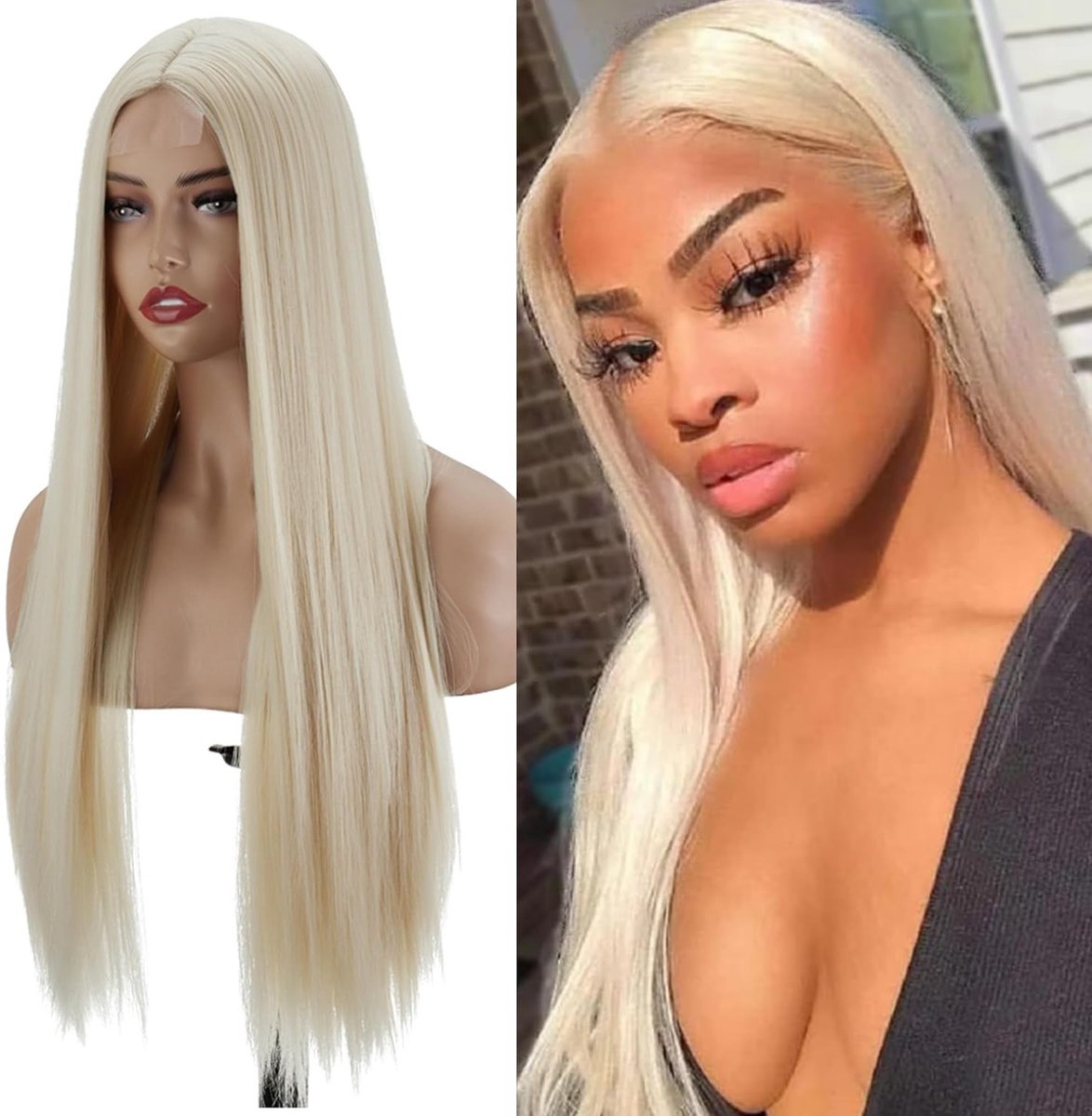 Platina Blonde Lange Steile Haarstuk met Midden Scheiding voor Vrouwen en Meisjes, Natuurlijke Synthetische Haarwig voor Dagelijks Gebruik en Kostuums, 66 cm