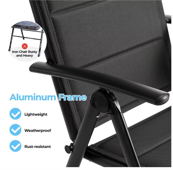 J&R Set van 2 tuinstoelen - Klapstoelen opvouwbaar - 7-Standen verstelbaar - Aluminium - Volledig Zwart — afbeelding 4