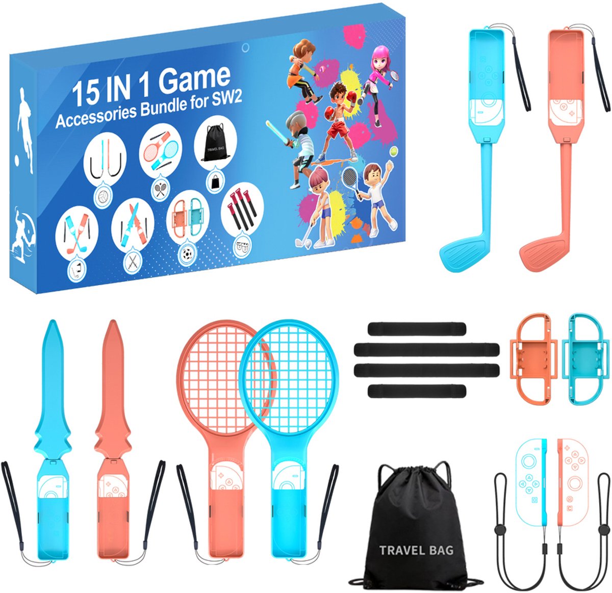 Accessoireset Geschikt Voor Nintendo Switch Sports 15-in-1 - Familie Sport Pack - Joy-Con Rackets, Golfclubs & Zwaarden - Rood/Blauw