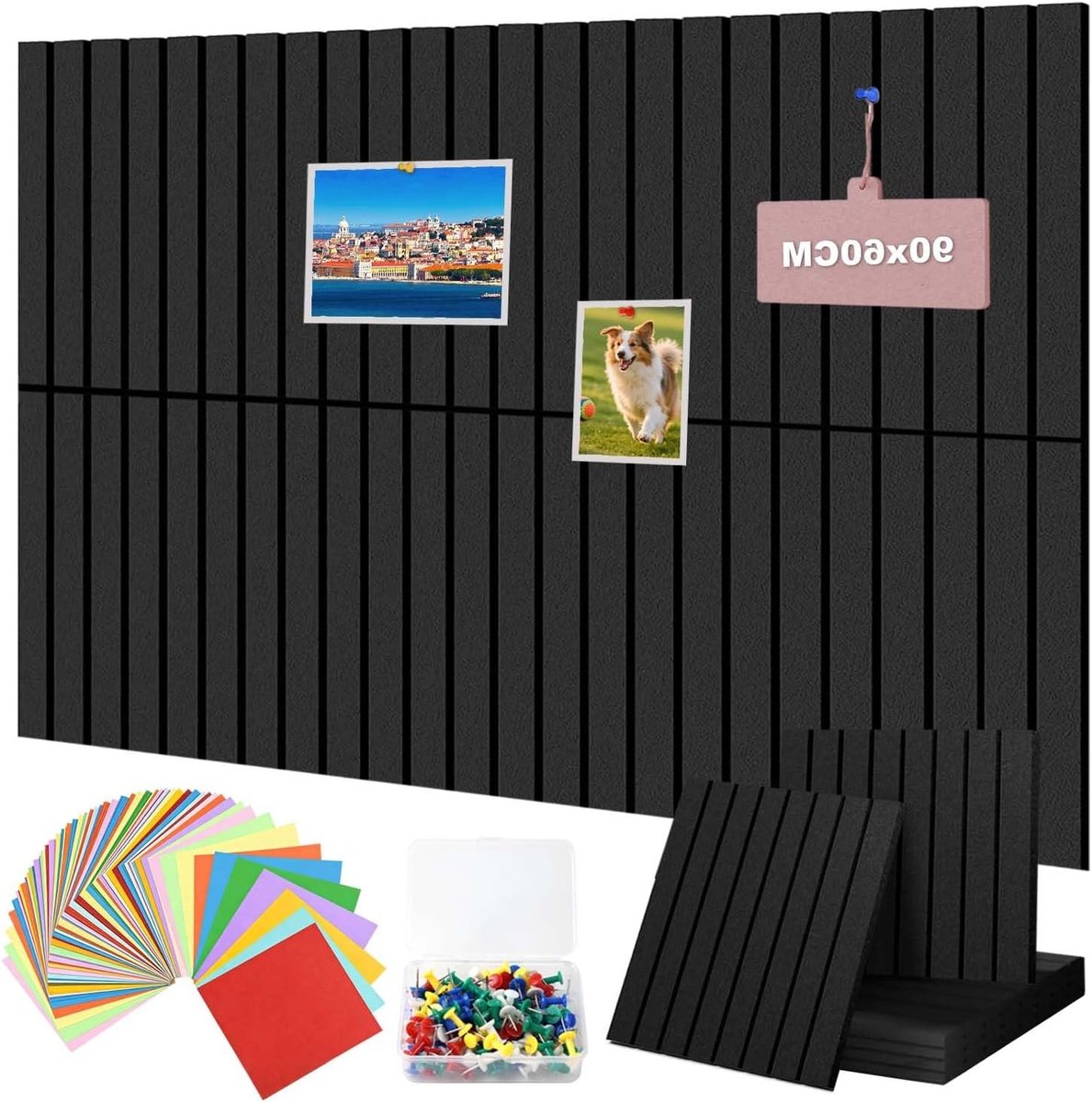 Grote Vilt Prikbord van 90 x 60 cm met 50 Speldjes en 100 Kleurrijke Papieren, Ideaal voor Kantoor en Keuken, Dikte van 1 cm, Vouwbaar en Multifunctioneel