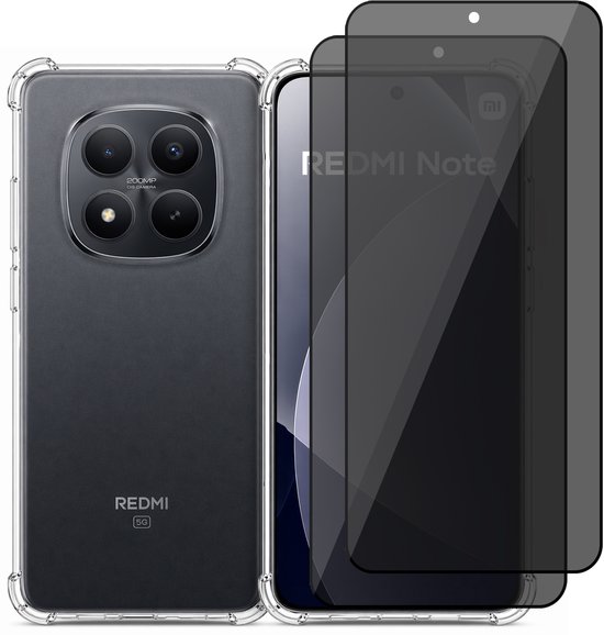 Téléphone gris avec coque transparente et deux protecteurs d'écran de confidentialité.