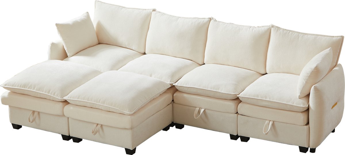 Merax U-Vormige Hoekbank 6-Zits - Modulaire Bank Met Opbergruimte En Hockers - Chenille Beige Sofa Met Kussens Voor Woonkamer En Kantoor