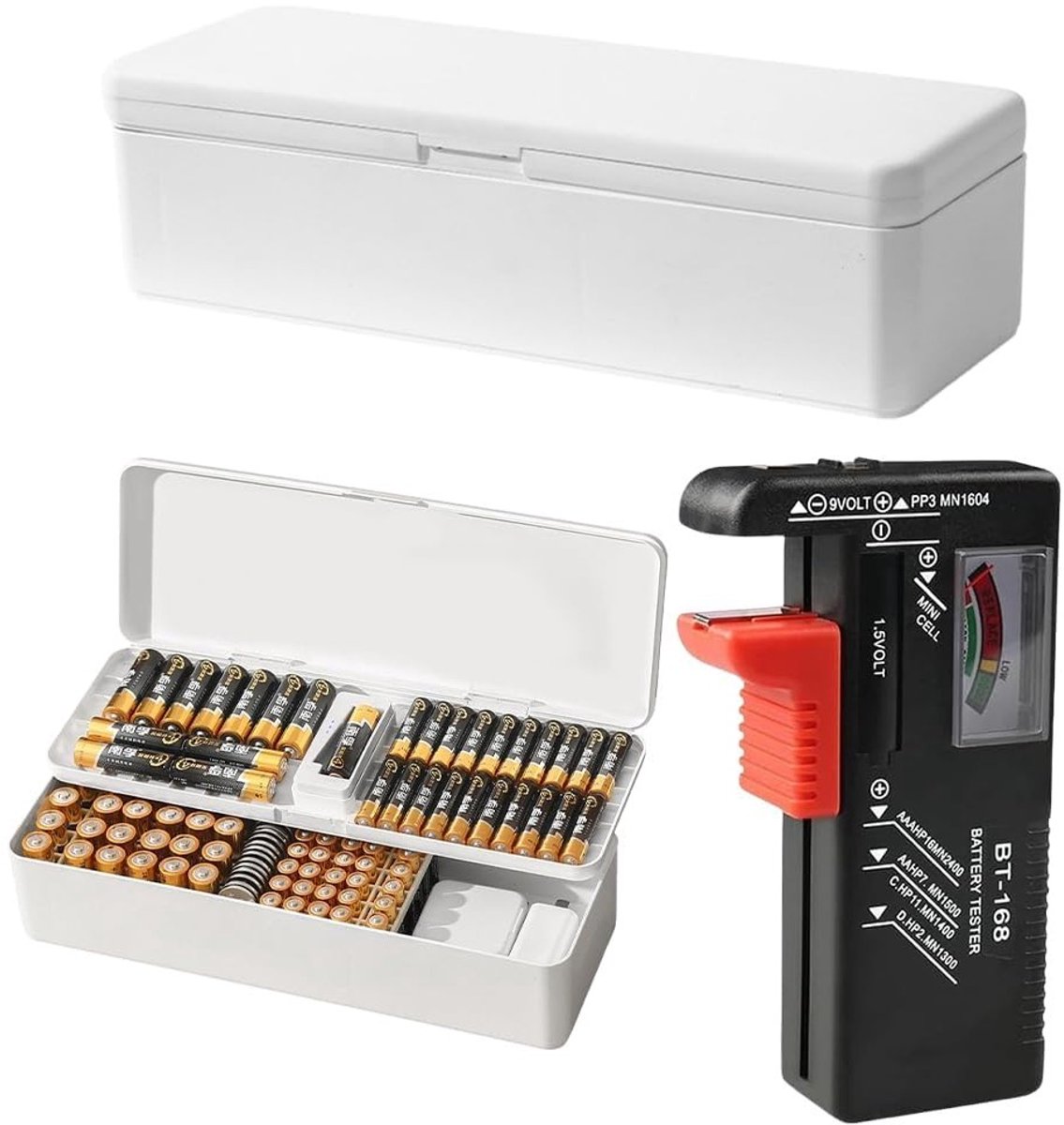Batterijbox en opbergdoos met tester voor 41 AA, 55 AAA en 19 knoopbatterijen, ideaal voor batterijopslag en organisatie
