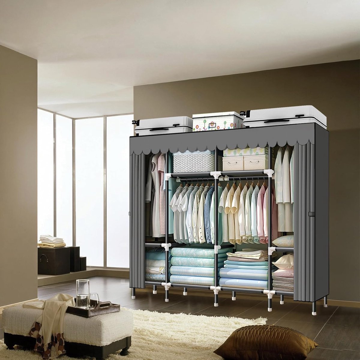 Draagbare kledingkast 200x43x168 cm met kledingstang en planken, opvouwbare garderobekast met stoffen hoes, stofdichte kleding organizer grijs – Vermissen