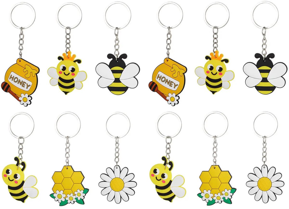 Bijen Sleutelhangers Set - 12 Stuks - Uitdeelcadeautjes Kinderfeestje - Traktatie Meisjes & Jongens - Mix van Bijen, Honingpot & Bloemen - Goodiebag Vulling