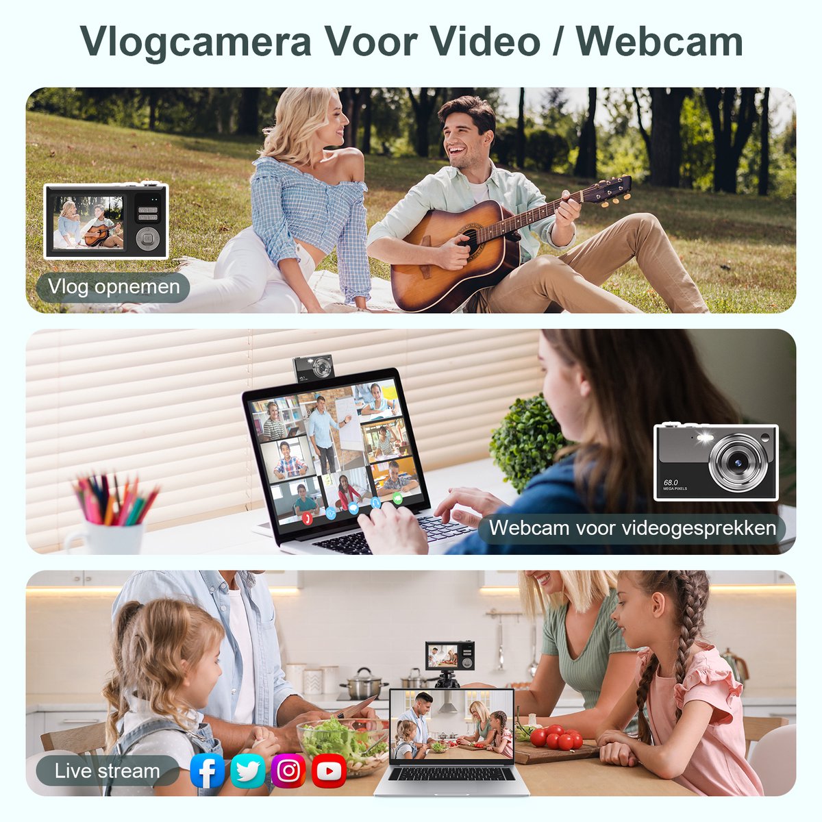 Digitale Camera - 68MP - Fototoestel - Compact Camera - Vlog Camera - Mini Camera - Autofocus - 16X Digitale Zoom - Anti-Shake - 32GB - Zwart Grijs thumbnail 5