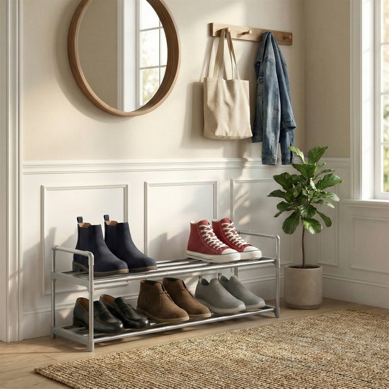 Een stijlvolle entree met een grijs, twee-laags schoenenrek vol met diverse schoenen, laarsjes en sneakers.