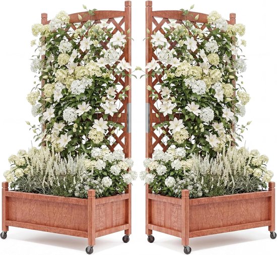 Set van 2 - Houten Plantenbak met Klimrek op Wielen - Verrijdbare Kweekbak met Afwateringsgaten - Binnen & Buiten - Koffiebruin - 155 cm hoog