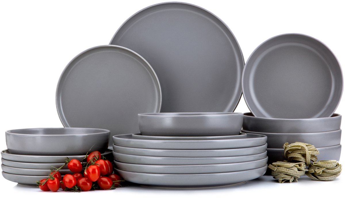 KONSIMO® VICTO - 18 delig - 6 persoons - Keramiek - Dessertbord, Diepbord, Dinerbord - Grijs