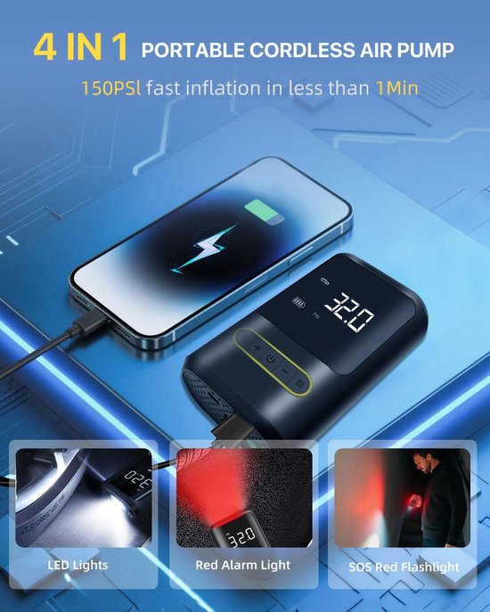 Draagbare bandenpomp, 150 PSI luchtcompressor voor auto's, fietsen, motoren en sportballen - snel oppompen, digitale manometer, LED-display, 6000 mAh oplaadbare batterij, USB-opladen en autostroomaansluiting. — afbeelding 5
