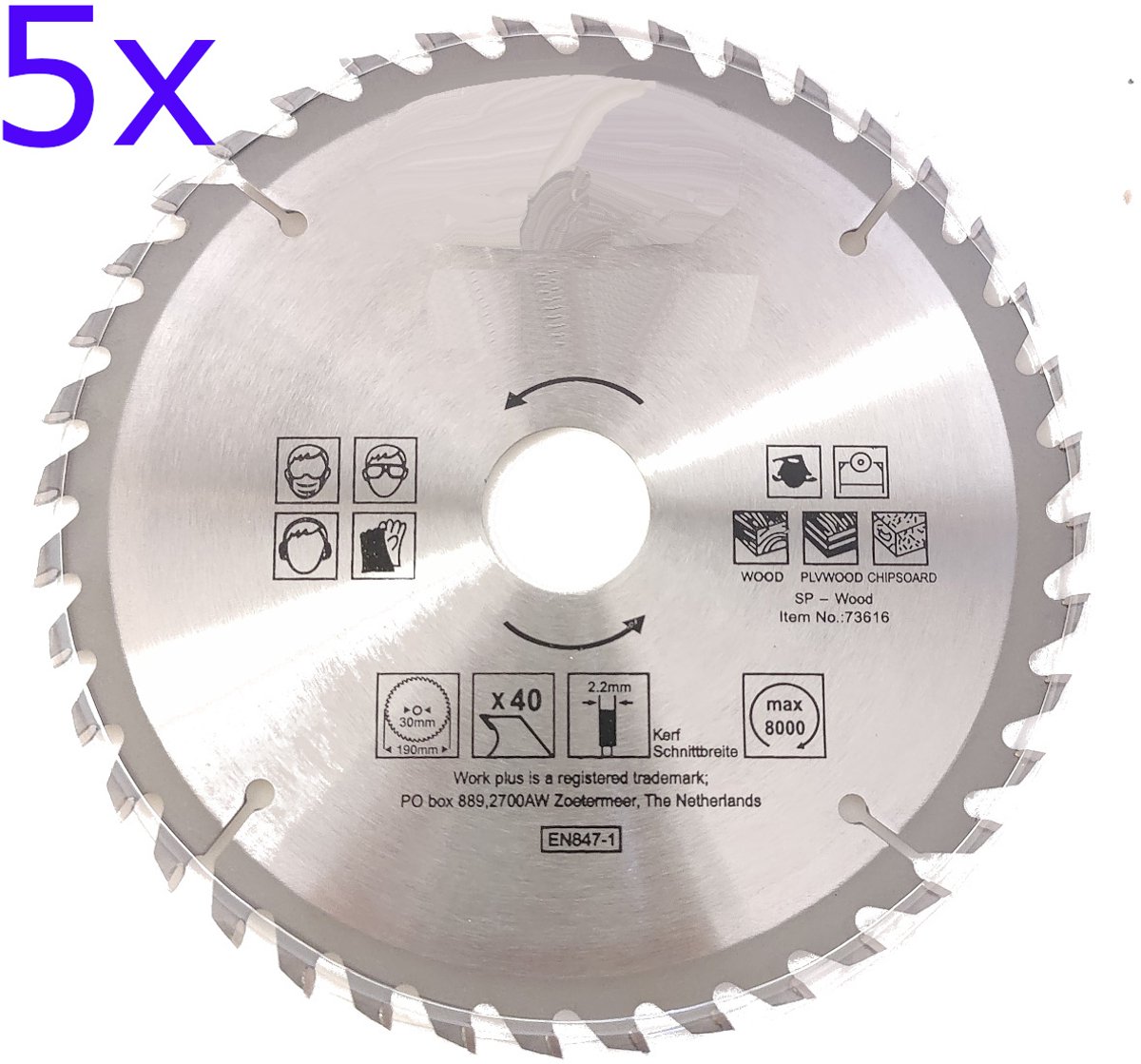 5x TCT 40 tands Cirkelzaagblad Ø 190 x 2.2 x Ø 30mm Carbide tanden (16)
