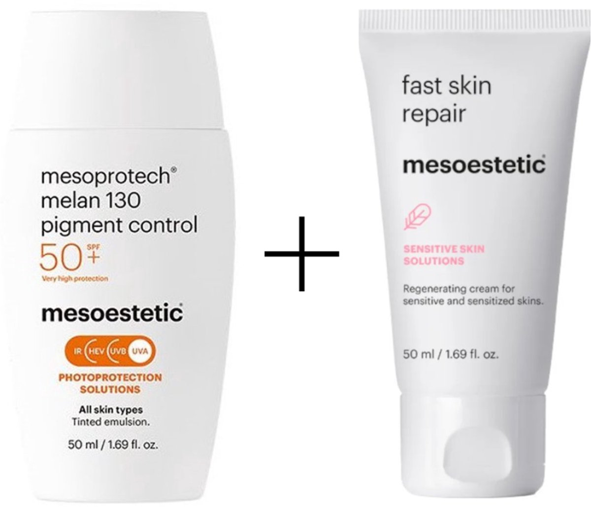 Mesoestetic Melan 130 Pigment control SPF50 + Mesoestetic Fast Skin Repair – Pigment Control & Repair Set – Tegen Pigmentvlekken