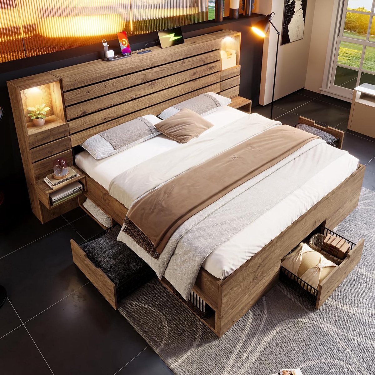 Tweepersoonsbed 180x200 cm met Opbergruimte, LED Verlichting, USB & USB-C Hoofdbord, Houten Bedframe met Lades en Lattenbodem – Modern Eiken Design (Zonder Matras)