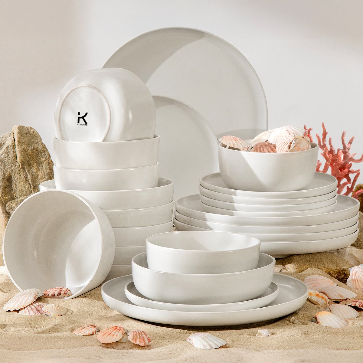 KONSIMO® VICTO - 24 delig - 6 persoons - Keramiek - Dessertbord, Diepbord, Kom, Dinerbord - Wit