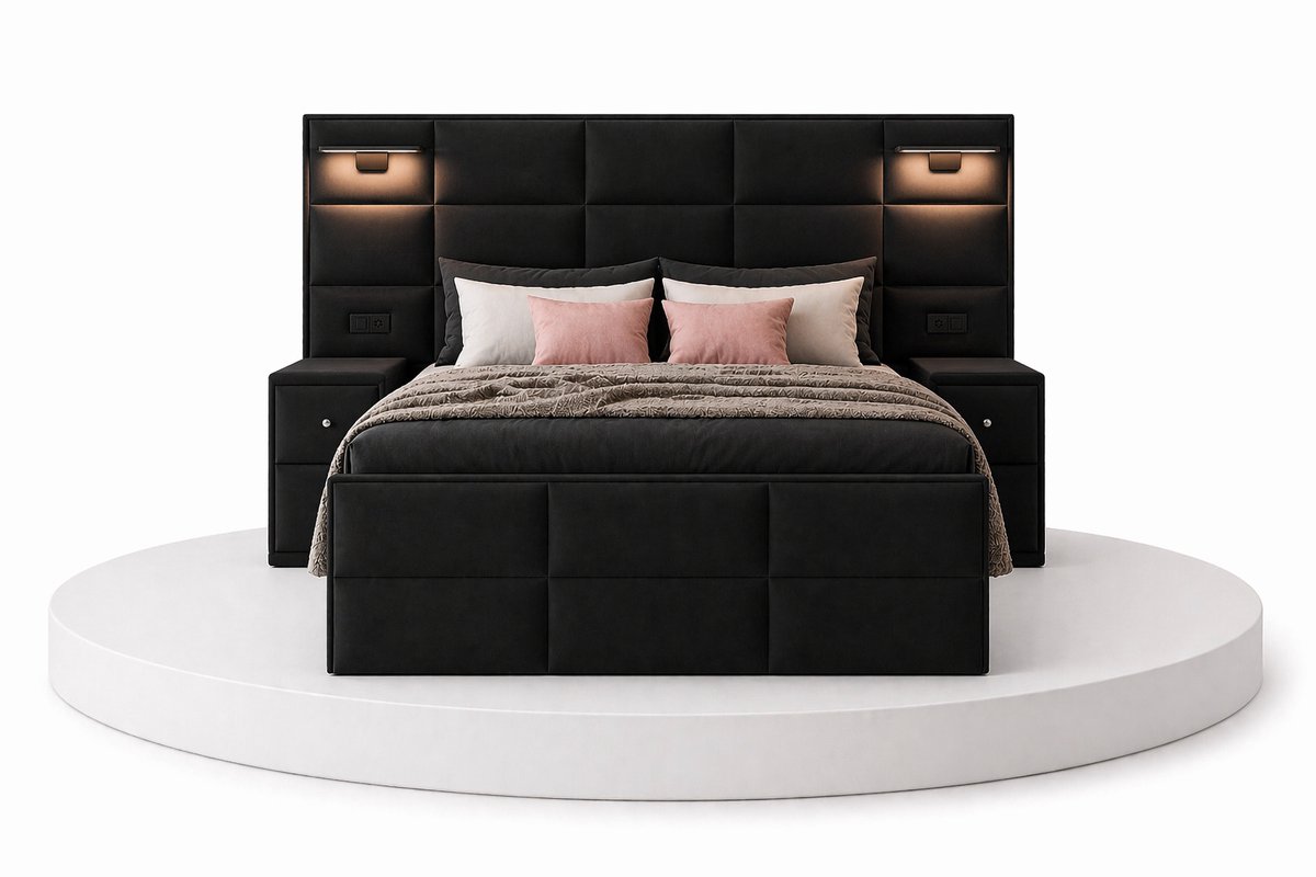 Boxspring Veloura - 160x200 Compleet - Met nachtkastjes - Zwart - Ledjes & Stopcontacten - BalBedden thumbnail 2