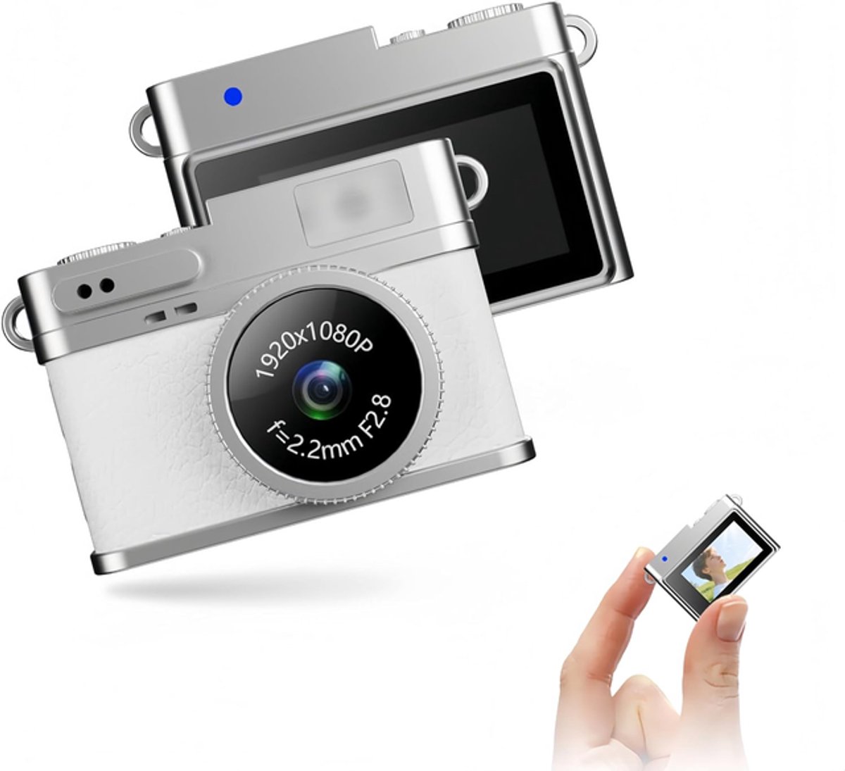 Mini-retrocamera – sleutelhanger – 8 MP digitale camera – Elektronische beeldstabilisatie – 0,96-inch scherm – 32 GB opslag – Draagbare camera – Wit