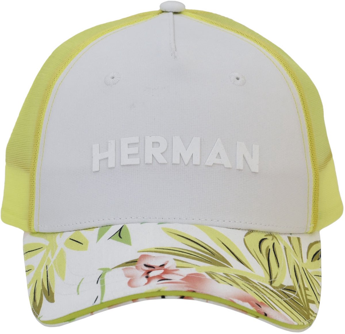 Herman casquette baseball avec mesh rigide, visière sandwich avec un imprimé tropical, panneau frontal uni avec HERMAN en silicone