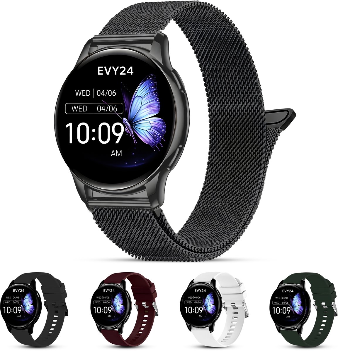 Evy24 Smartwatch Voor Dames - iPhone & Android - Bellen - Stappenteller - Slaapmonitor - AMOLED - 42 mm - 4 bandjes - Zwart