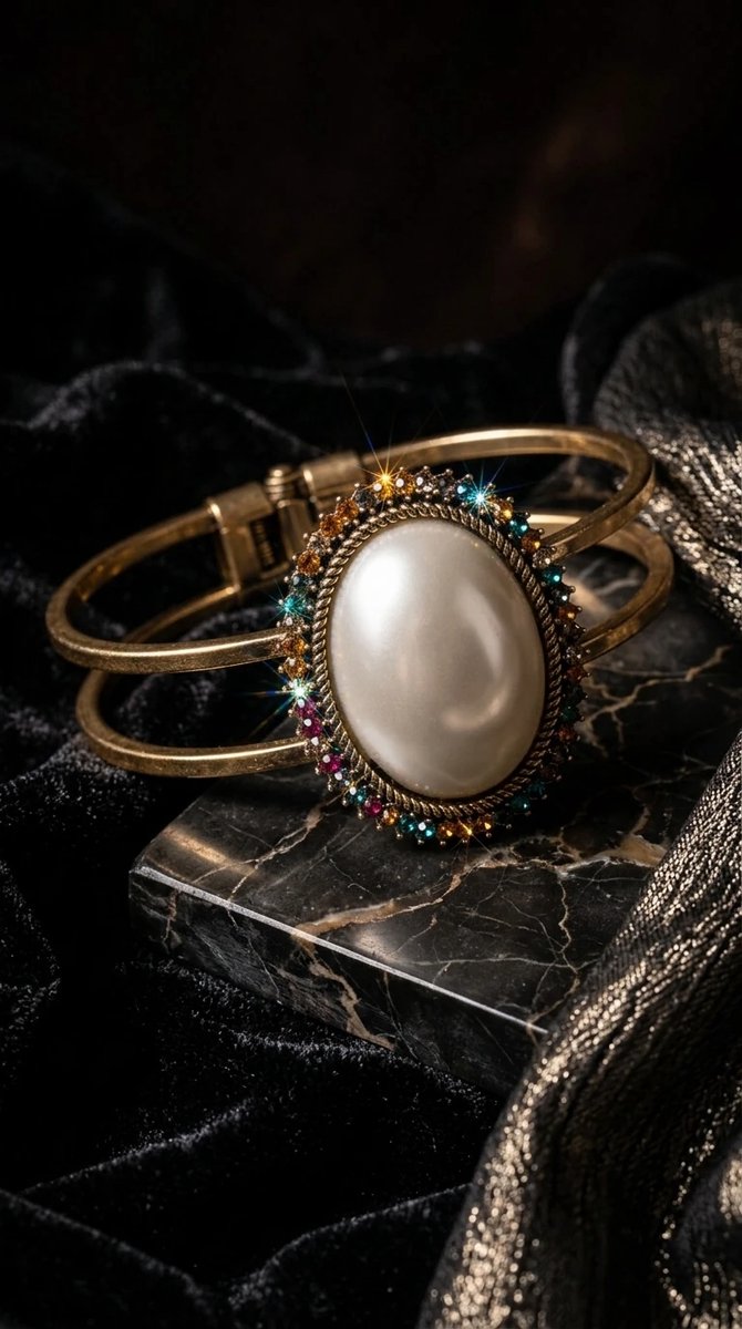 Dorvina Vintage Dames Manchet Bronzen Armband Authentiek Sieraad Gekleurde Kristallen Steen Bewerkt Ovaal Parel Model