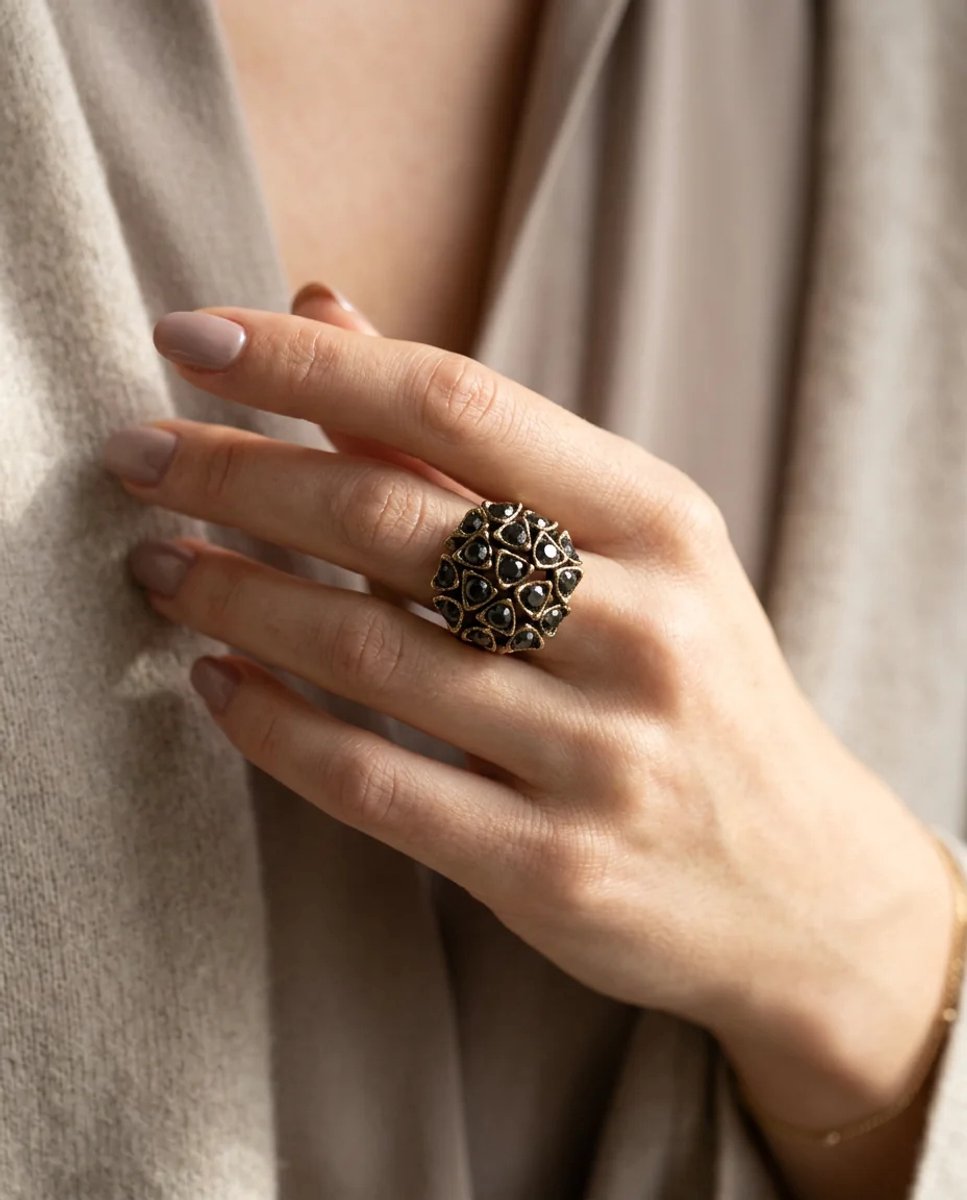 Dorvina Bronzen Ring Authentiek Sieraad Zwart Kristallen Steen Topaz Model Verstelbaar Vintage Dames Ring