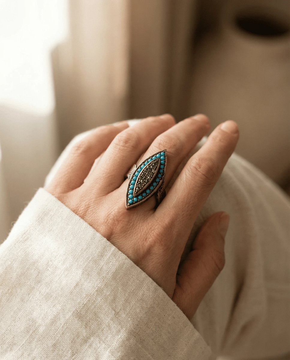 Dorvina Bronzen Sieraad Authentiek Turkoois en Markazir Steen Anka Gozu Verstelbaar Vintage Dames Ring