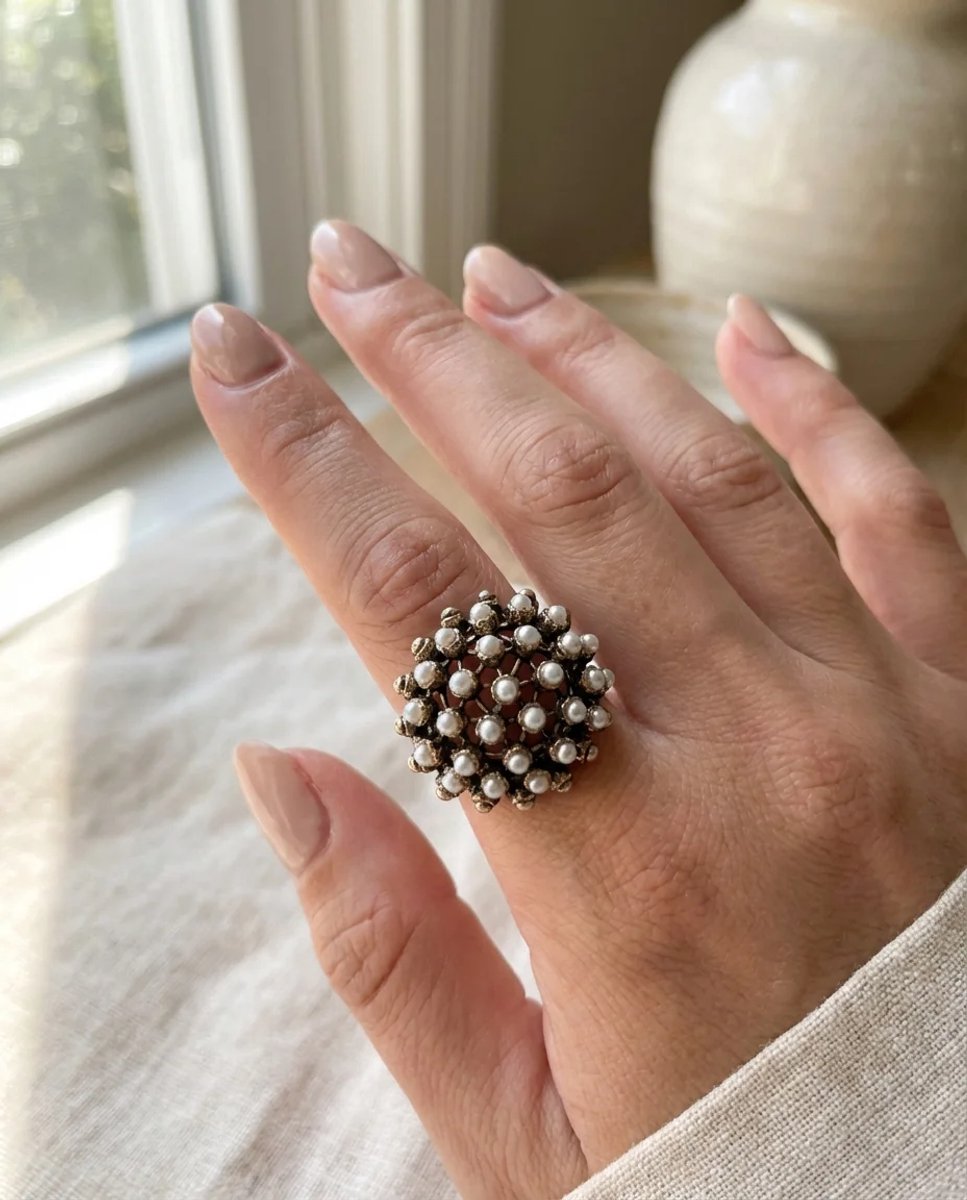 Dorvina Bronzen Sieraad Authentiek Minik Parel Bewerkt Ovaal Kesim Kar Tanesi Model Verstelbaar Vintage Dames Ring