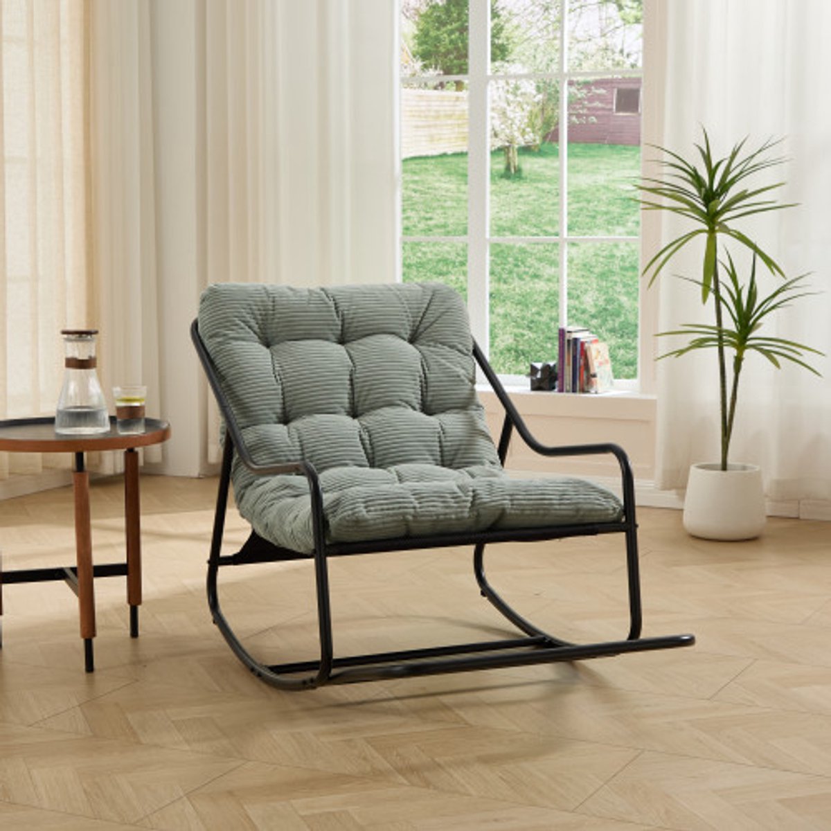 Buiten schommelstoel, comfortabel kussen, met zacht dik kussen, voor woonkamer, slaapkamer, leeskamer, Zwart frame met Licht Groen kussen（Corduroy fabric）