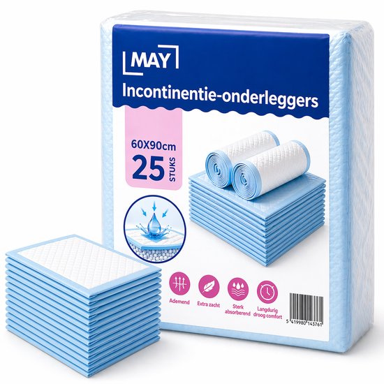 MAY Wegwerp Onderleggers 60x90 cm – 25 stuks – 5-Laags Super Absorberend (1200 ml) – Lekvrij & Anti-Slip – Incontinentie Bedonderleggers