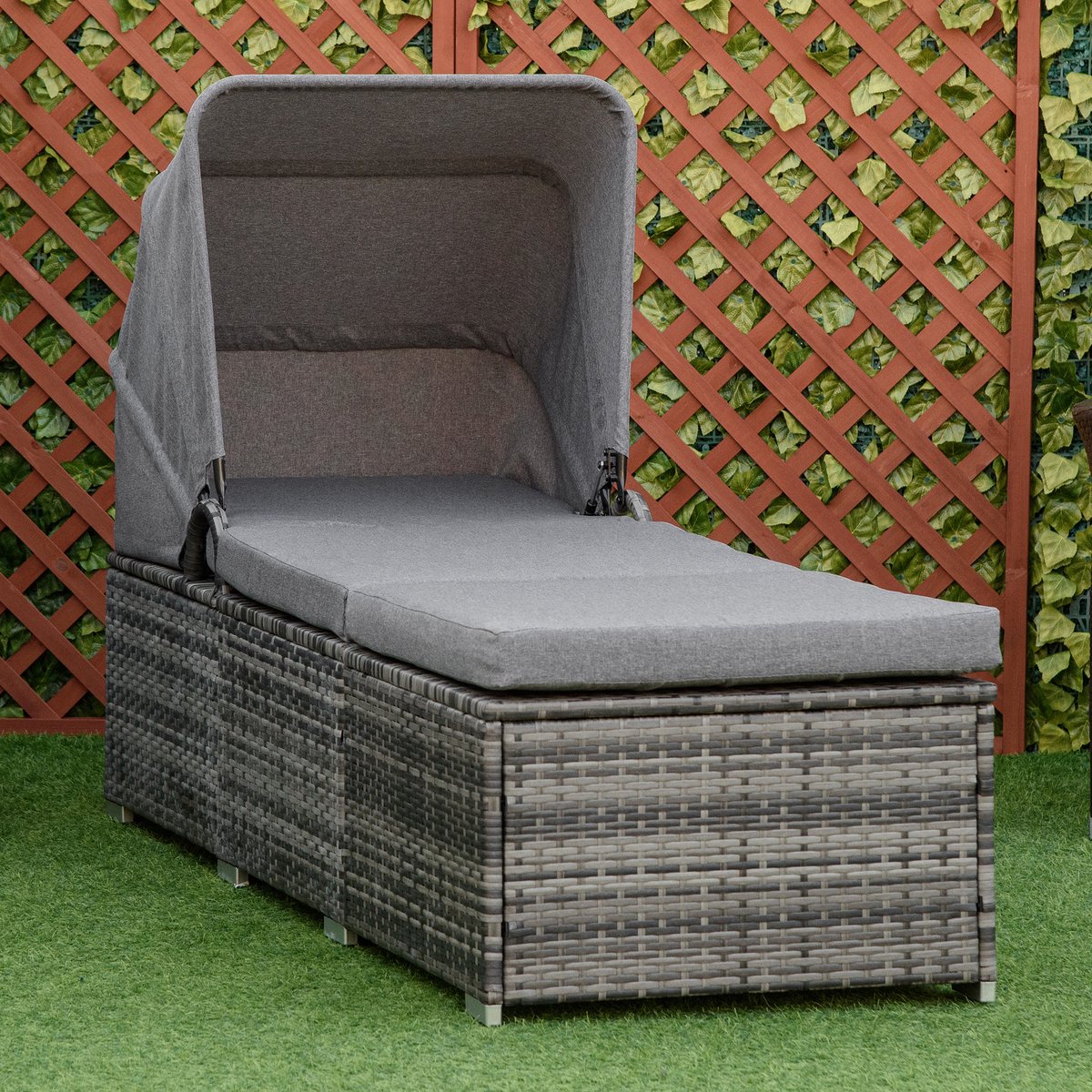 MODFU Tuinligbed - Verstelbare Rugleuning En Zonnedak - Buiten - PE-Rattan - Grijs - 195 x 65 x 40 cm