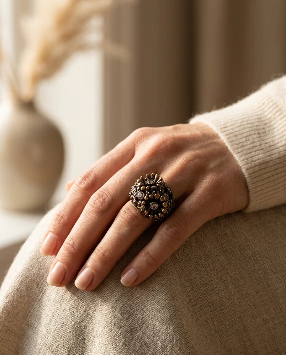 Dorvina Bronzen Dames Ring Antiek Sieraad Margazit Steen Bewerkt Topaz Bloem Verstelbaar Vintage Ring