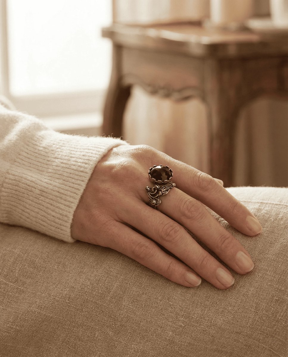 Dorvina Bronzen Sieraad Authentiek Zwart Kristallen Steen Rond Van Voren Verstelbaar Lale Model Vintage Dames Ring