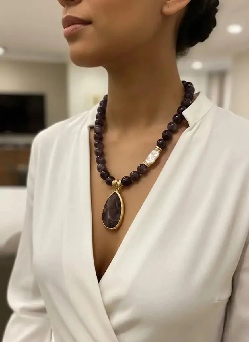 Dorvina Ametist en Barok Parel Natuurlijk Steen Paars Kleur Goud Detail El Gemaakt Ketting Ruhsal Denge en Disil Enerji Kolyesi