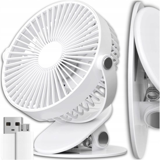 Draadloze oplaadbare mini bureauventilator 10 cm met 1200 mAh batterij, 3 snelheden, USB, clip en voet
