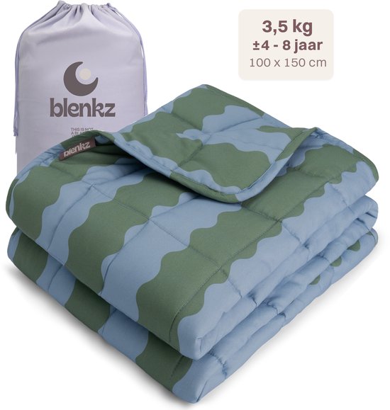 BLENKZ – Verzwaringsdeken Kind 3,5 kg – 100×150 cm – Kinderformaat – Voor kinderen van ±4–8 jaar – Wavy Stripe Green Blue – Zwaartedeken