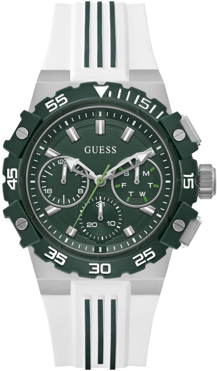 Guess Fore Quartz Analoog Horloge Wit Kast: 100% Roestvrij Staal | Armband: 100% Siliconen 42.5 mm GW1059G1