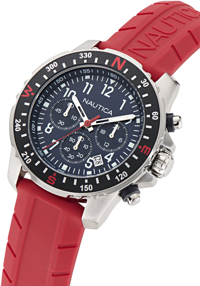 Nautica Riding Sail Quartz Analoog Horloge Rood Kast: 100% Roestvrij Staal | Armband: 100% Siliconen 45 mm NAPRSS601, NAPRSS602, NAPRSS604