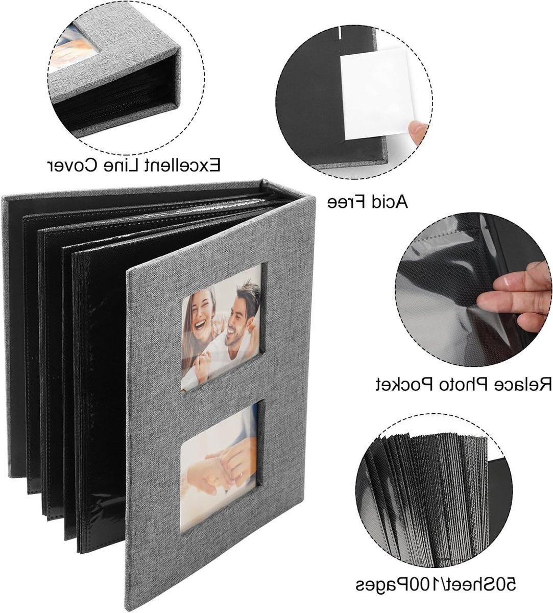 Fotoalbum 10 x 15 cm voor 200 foto's, linnen, perfect voor bruiloften en familiefoto's, grijs