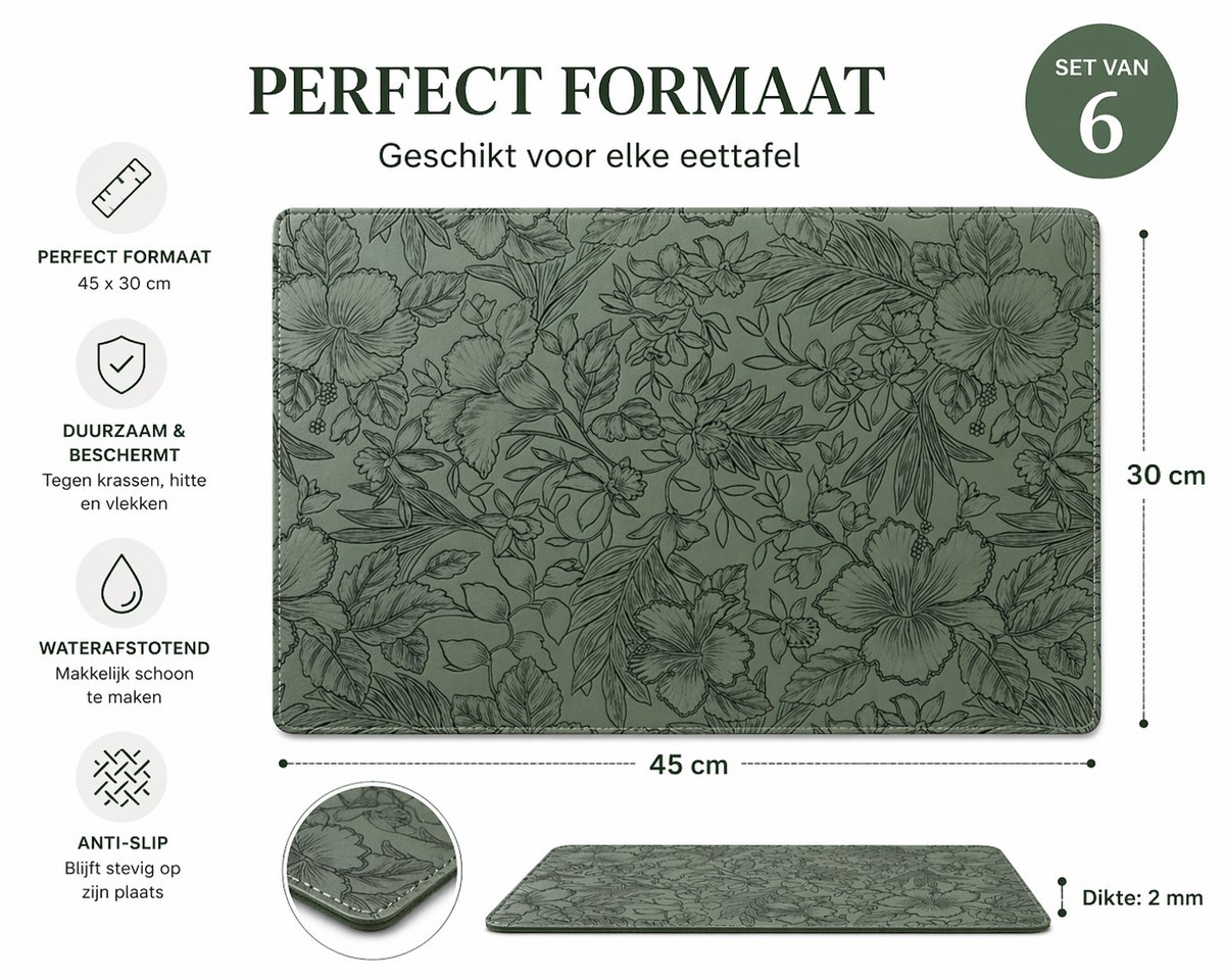 Cliste Groene Leren Placemats Set van 6 - Bladerenprint - Afwasbaar & Waterafstotend - Hittebestendig - Luxe Tafeldecoratie - 45x30cm — cadeau in Wonen & Interieur - foto 3