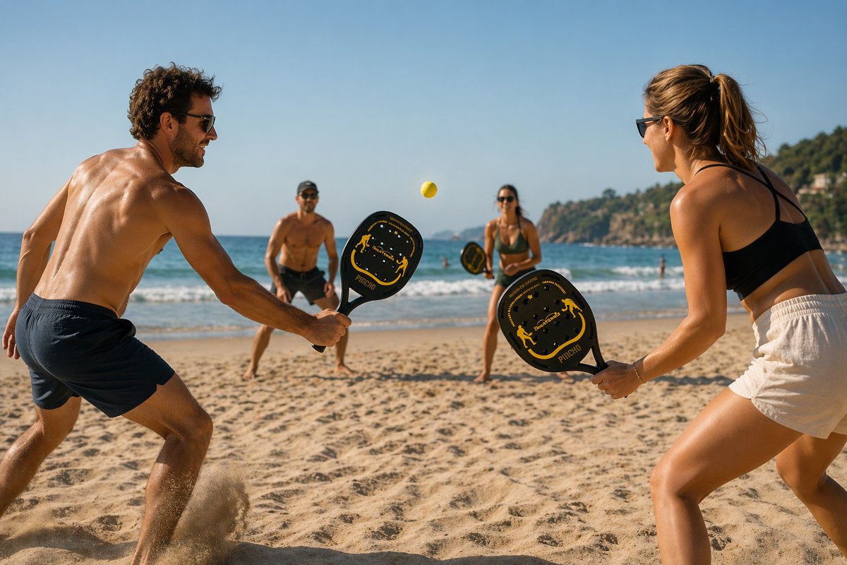 Pincho - Watervaste Strand Beach Tennis Raketjes - Zwarte Kleur met Gele Opdruk - Licht in Gewicht - Zeer Goede Kwaliteit - Zwembad - Tuin - Zee - Strand Topper!