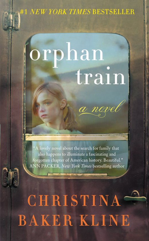 Boekomslag van 'Orphan Train' met een meisje dat uit een treinstel kijkt. Met tekst: '#1 New York Times Bestseller' en 'Christina Baker Kline'.