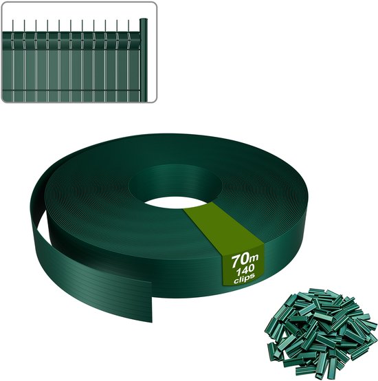 Set met groene vlechtstrook van 70m, 140 clips en een close-up van groen hekwerk.