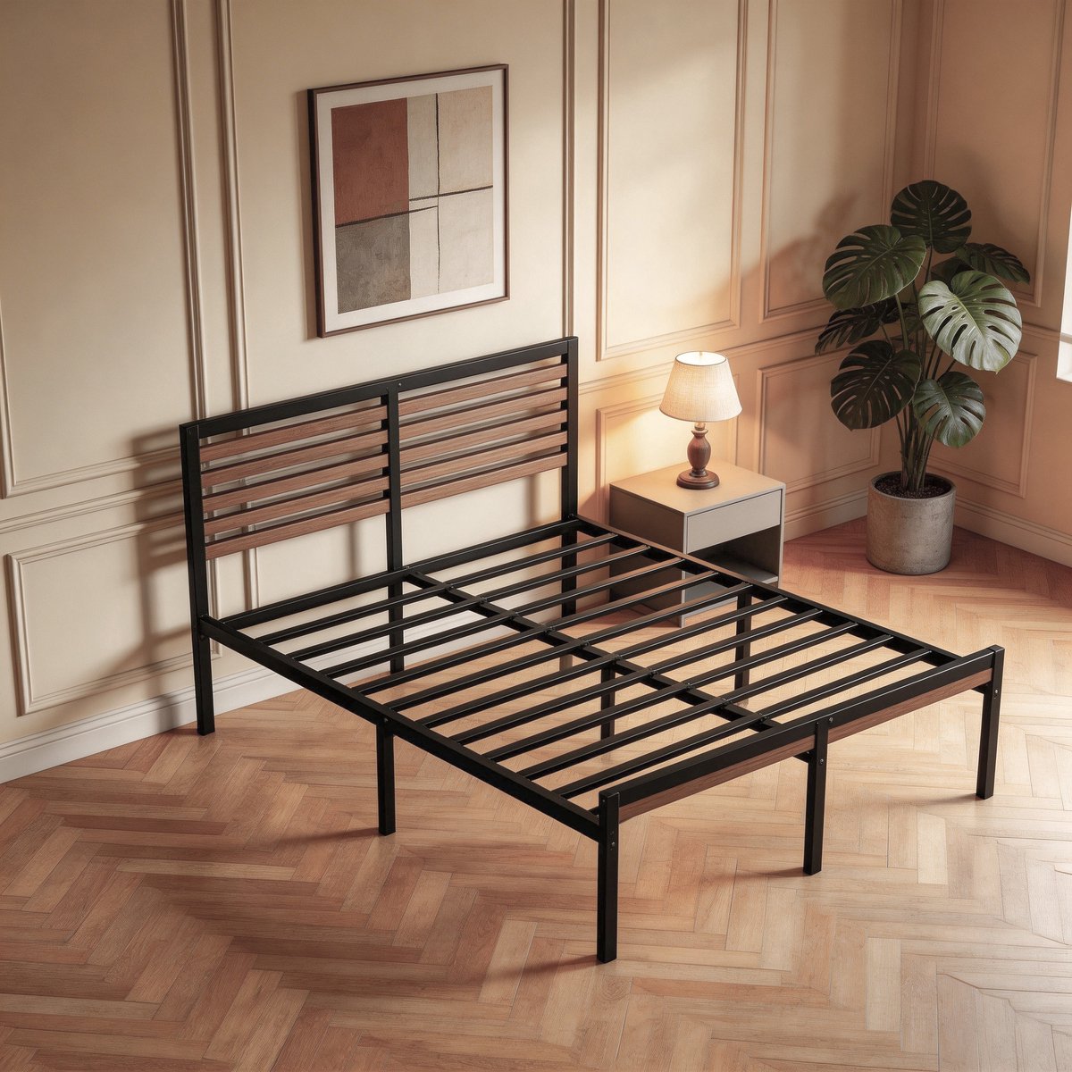 NAIZY Metalen Bed 140 x 200 cm - Met Houten Hoofdbord & Stalen Lattenbodem - Stevig Tweepersoonsbed - Draagvermogen tot 250 kg - Voor Slaapkamer, Gezin & Huurwoning - NAIZY Zwart