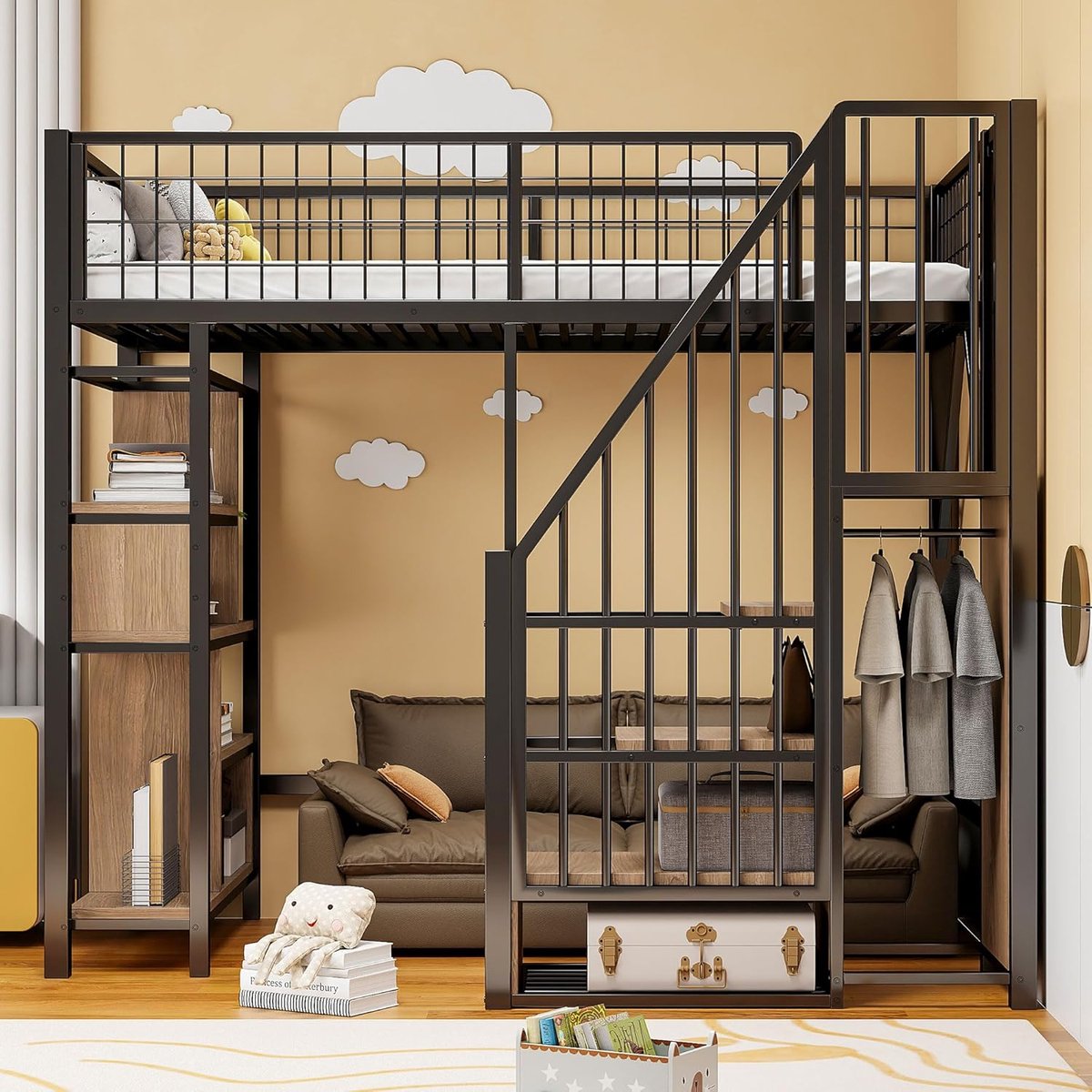 Hoogslaper 90x200 cm met Trap en Opbergkast – Metalen en Houten Bedframe met Bureau- of Opbergruimte Onder Bed – Ruimtebesparend Loft Bed 204 x 143 x 170 cm – Laura