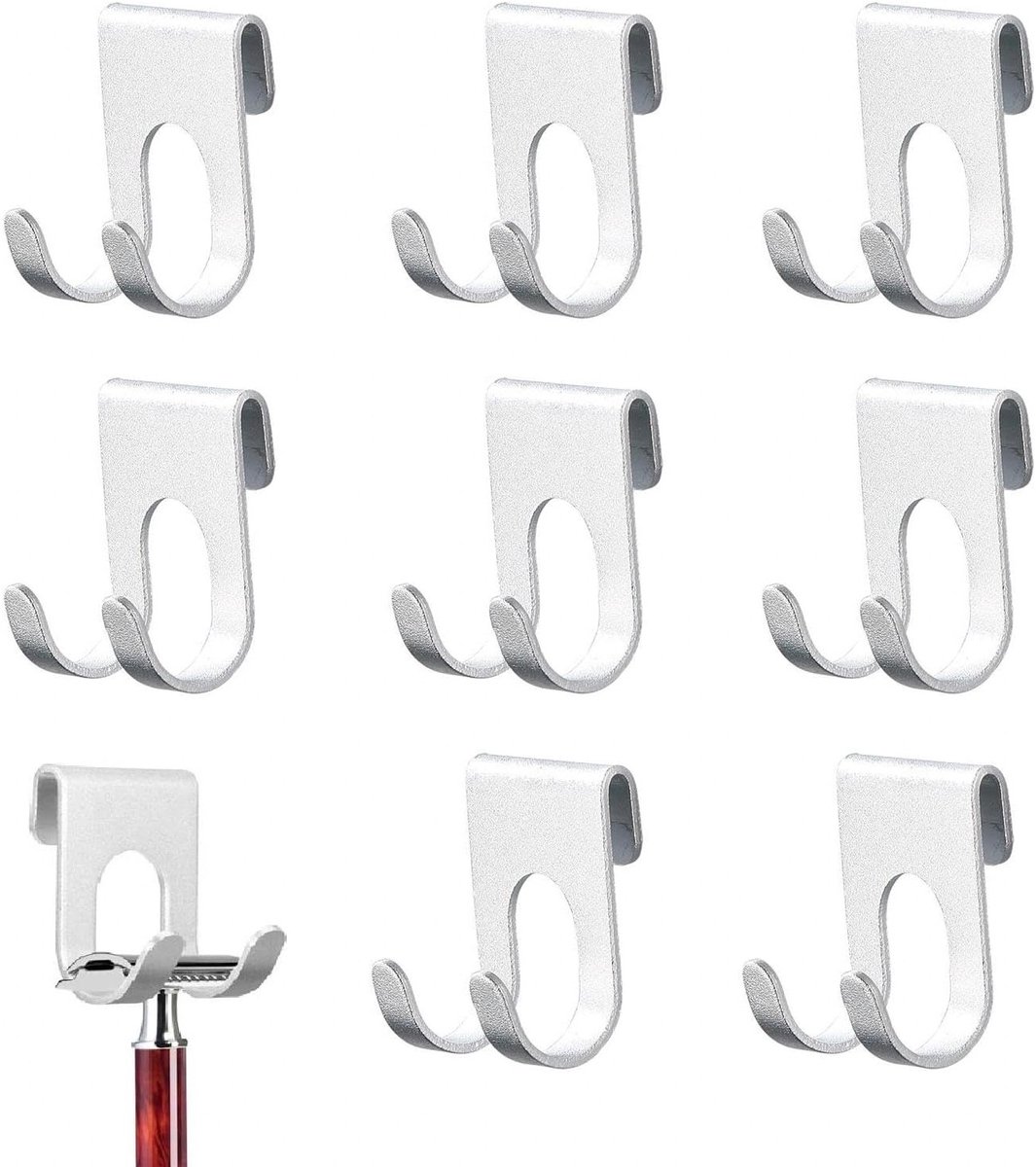 SnelShoppen - Shaver Houder Set van 8 Stuks, Zelfklevende Ruimte Aluminium Haak, Zilveren Scheerapparaat Houder voor Douche, Scheerapparaat Clip voor