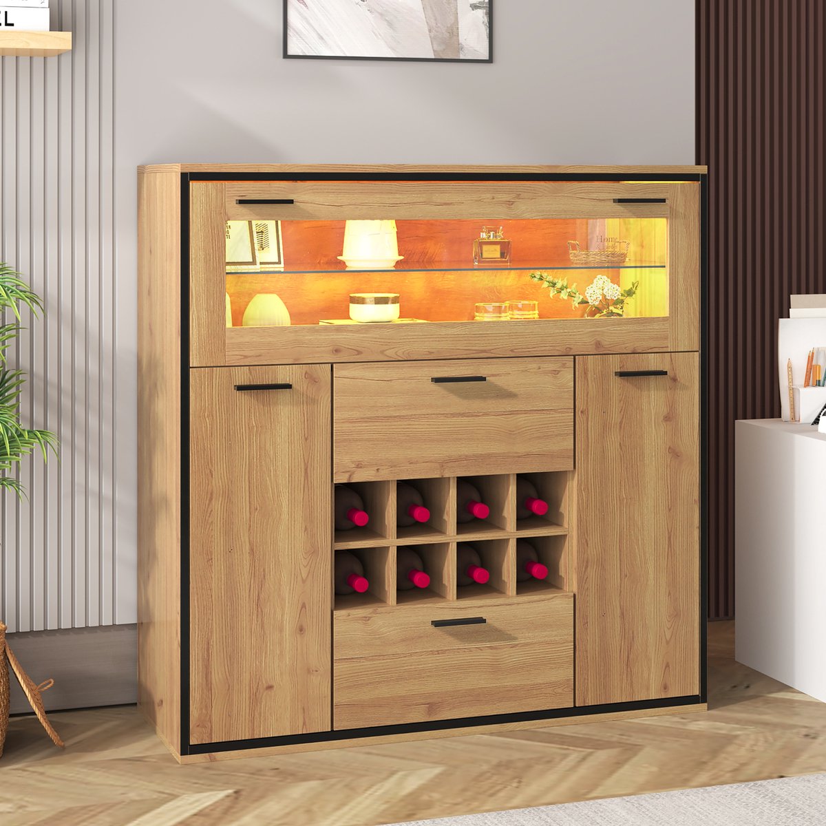 Wijnkast Met LED Verlichting - Buffetkast 110x38x111 Cm - 2 Deuren, Wijnrek, 16 Kleuren - Hout/Zwart