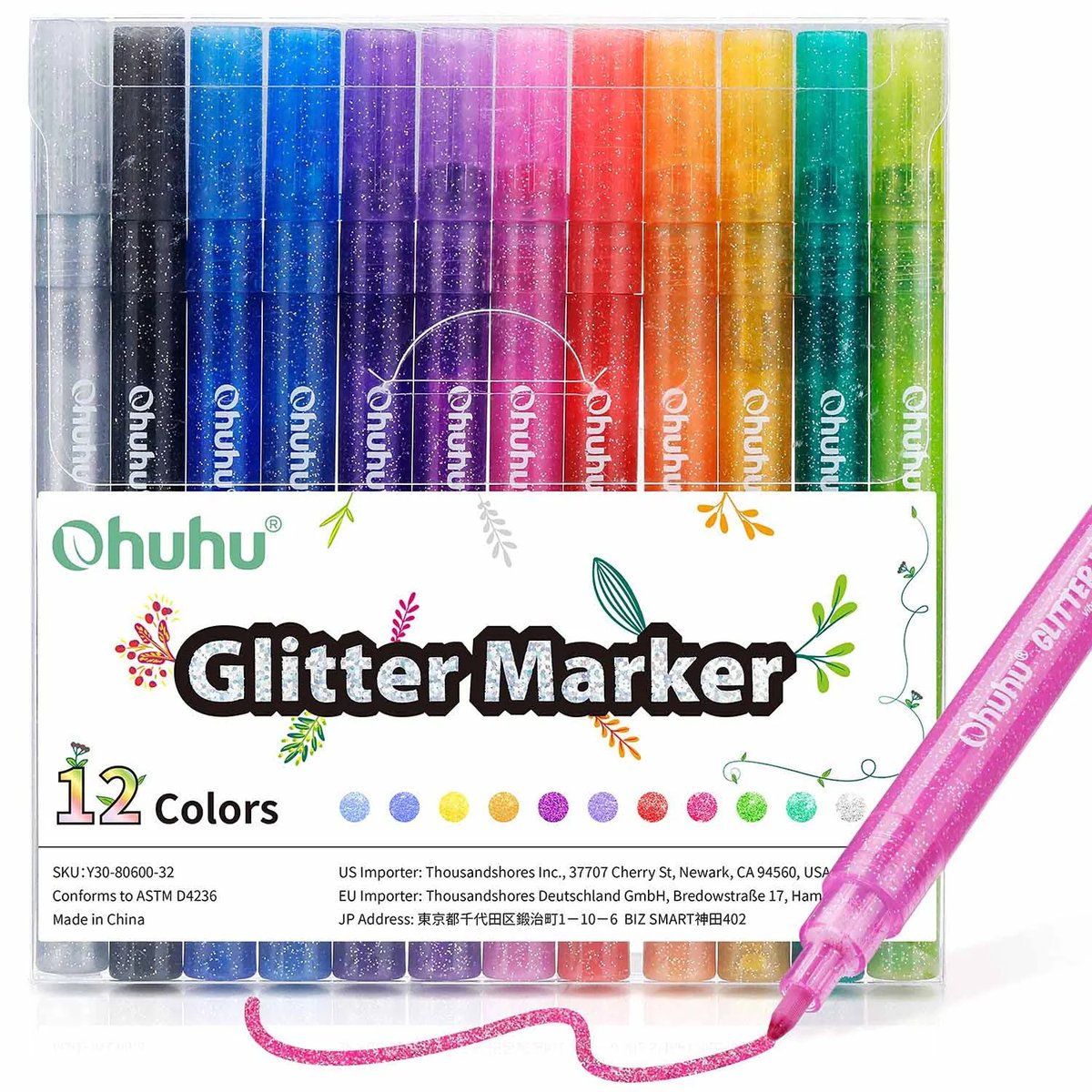 Ohuhu - Glitter Metallic Marker Pens - 0.7 mm – set van 12