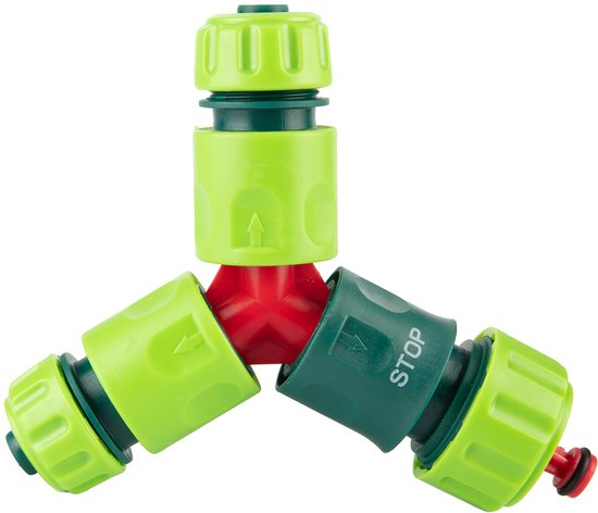 Groen en donkergroen Y-verdeelstuk met rode kern. De groene koppen hebben pijlen en 'STOP'.