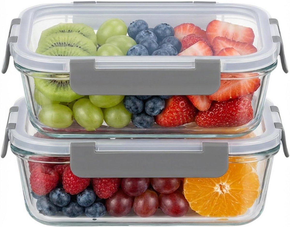 Set van 2 Glasopbergdozen met Deksel, 1050 ml, Borosilicaatglas, BPA-vrij, Luchtdicht, Geschikt voor Magnetron en Vriezer, Ideaal voor Maaltijdprep en Voedselopslag